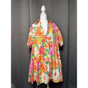 Flying Tomato Floral Babydoll Dress Women M Pink Orange Tiered Boho Mini